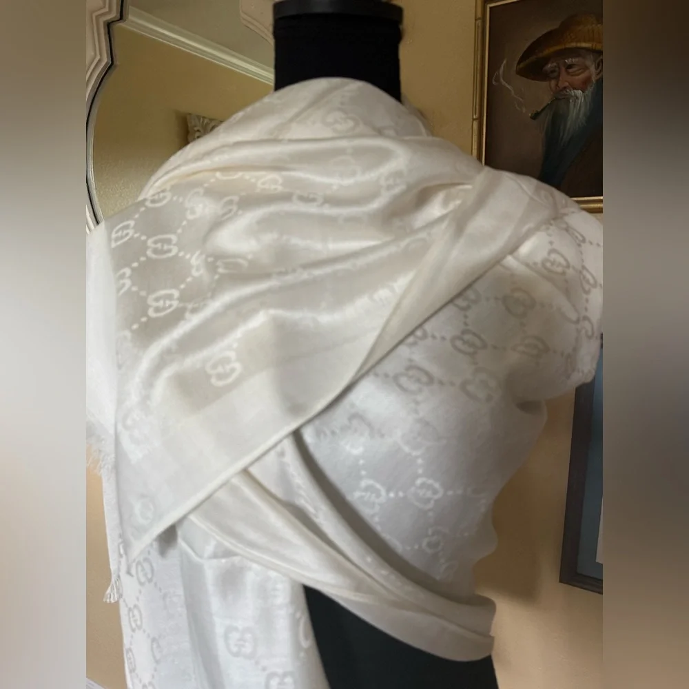 Gucci Cream Jacquard GG Silk Blend Scarf